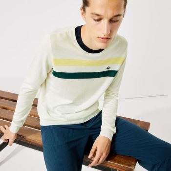 Lacoste SPORT Breathable Striped Wool Golf Sweater - Svetr Pánské Bílé / Žluté / Zelene / Tmavě Blan